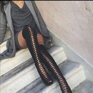 fashion nova thigh high lace up boot heels